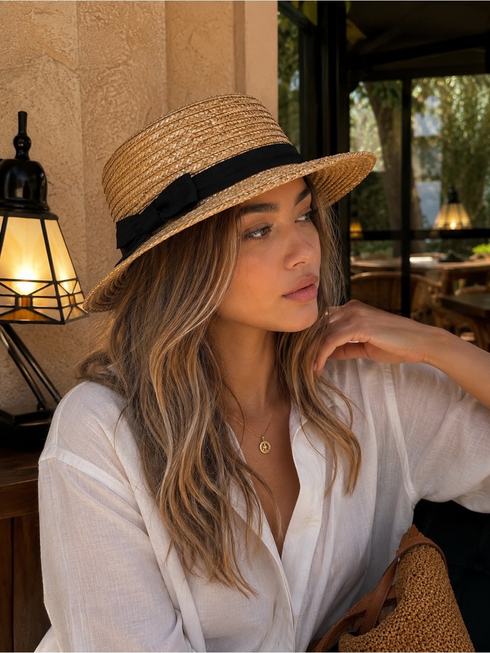 Unique Vintage Straw Boater Hat with Black Ribbon Trim